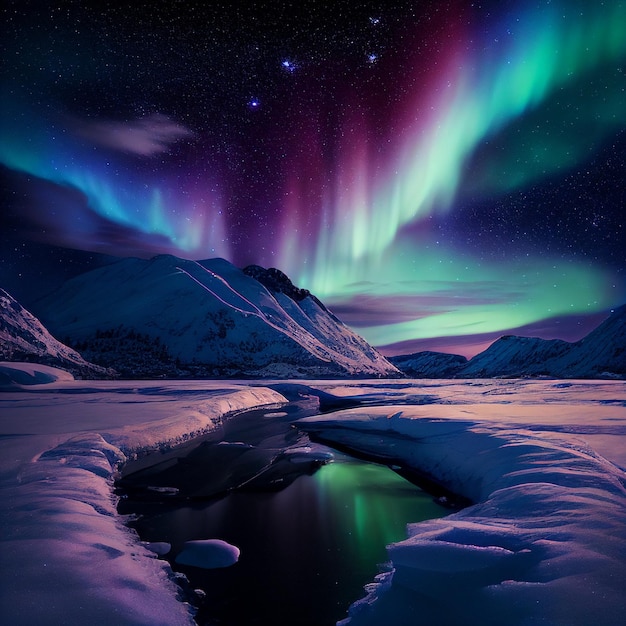 Northern lights in the sky in the arctic over the snow beautiful natural phenomenon magnificent