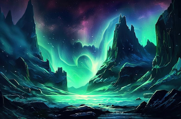 the northern lights in the sky over a dark mountain area in the style of aquamarine and maroon