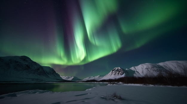 Northern lights over a snowy mountain landscape