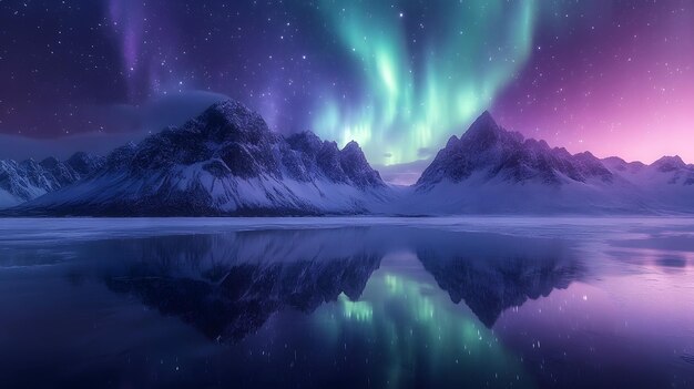 Northern lights over snowy mountain range vivid green and purple aurora starry night sky reflections