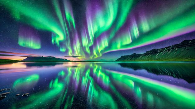 Photo northern lights in summer reflecting on a tranquil lake