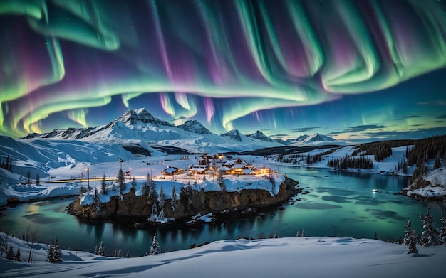 Northern Lights with stars in the night sky in the snowy mountains Aurora borealis over the lake