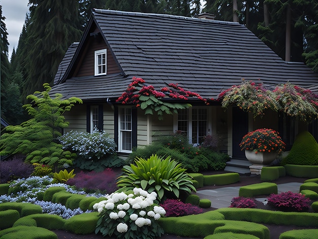 Northwest tile roof small house with a beautiful flowerbed Ai generation