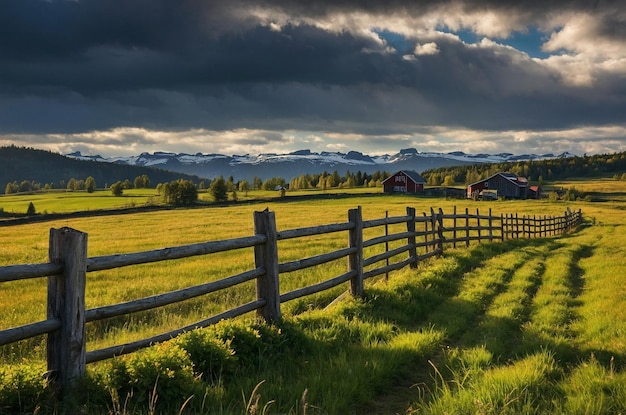 Photo norway farm field landscape with fence background hd