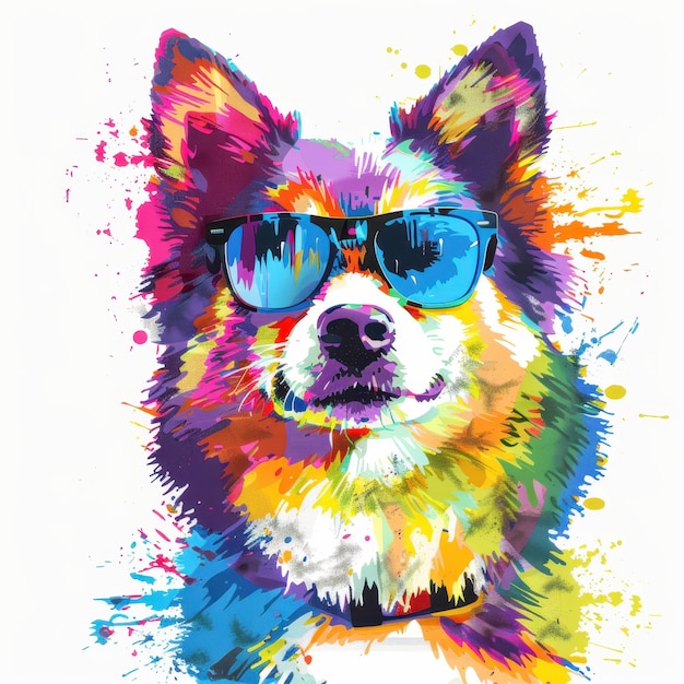 Norwegian Buhund dog wearing sunglasses in colorful pop art style