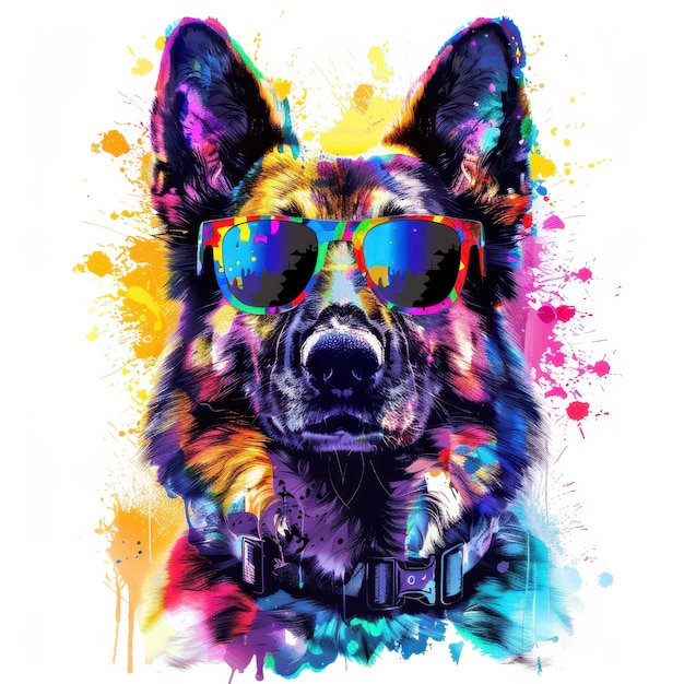 Norwegian Elkhound dog wearing sunglasses in colorful pop art style