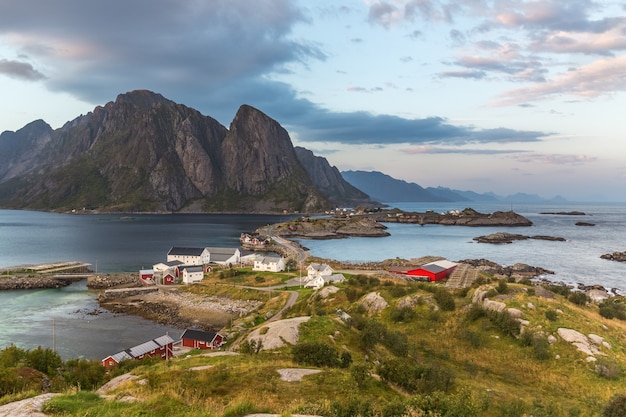 Norwegian village with amazing sunset in background in lofoten, norway.