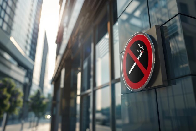 Photo a nosmoking sign attached to a building in a bustling city with sunlight reflecting off the surrounding glass structures