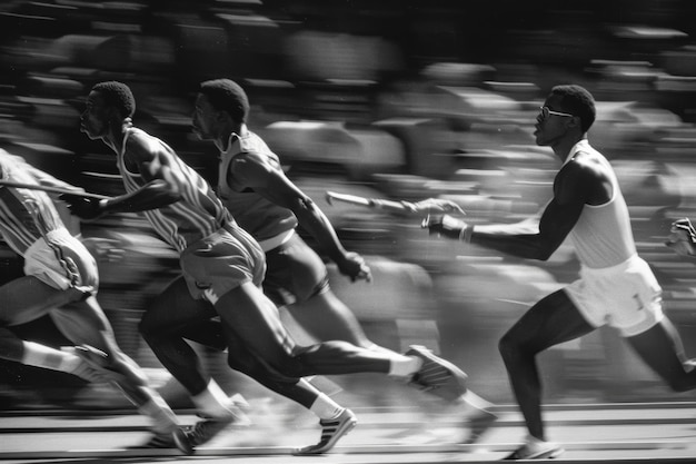 Photo nostalgic 1960s relay race in black and white vintage sports attire and athletes passing baton