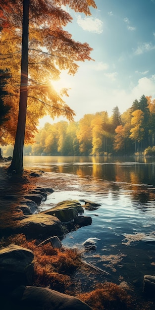 Nostalgic Autumn Landscape Trees And Water On A Lake