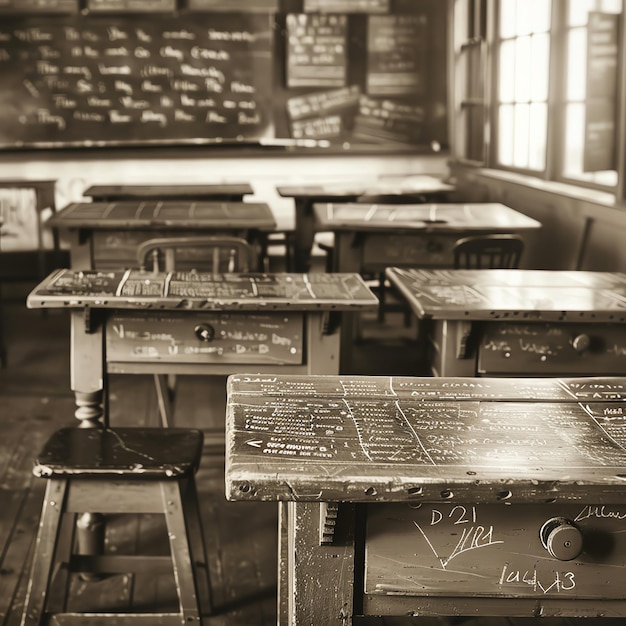 Photo nostalgic classroom from the 1960s wooden desks chalkboard with cursive writing sepiatoned