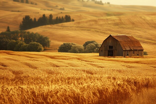 Photo a nostalgic countryside scene in vintage style features golden wheat fields a weathered barn and d