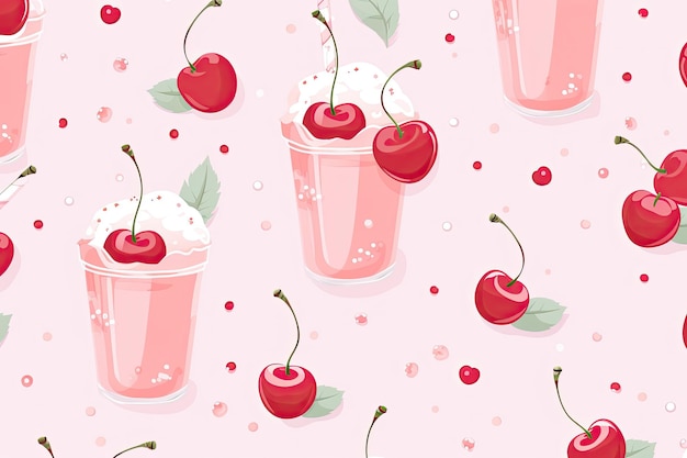 A nostalgic and dreamy design featuring a strawberry milkshake crowned with a cherry set against a