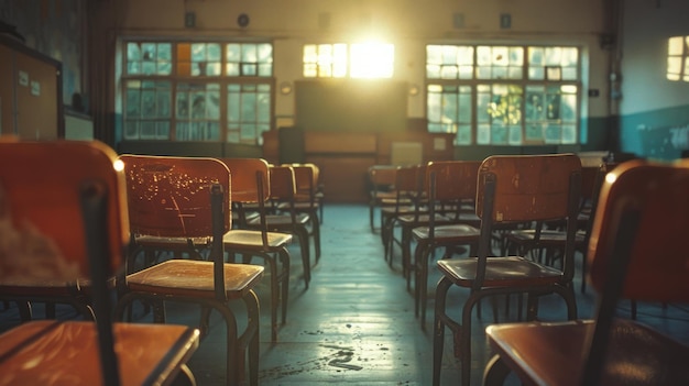 Nostalgic Empty Classroom with Vintage Wooden Chairs Back to School Concept