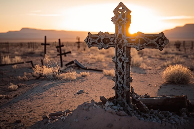 Nostalgic image of rusted metal cross in desert at sunset generative AI