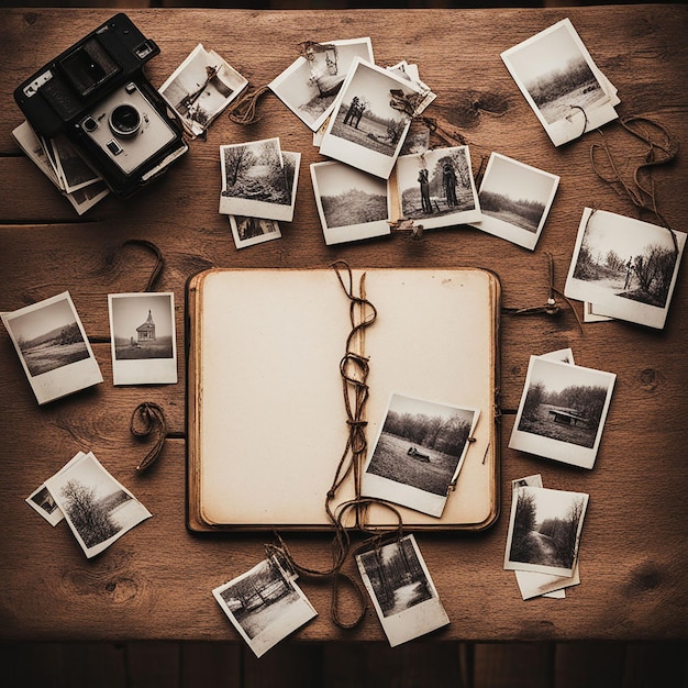 Photo nostalgic overhead shot faded polaroids and vintage diary on rustic table