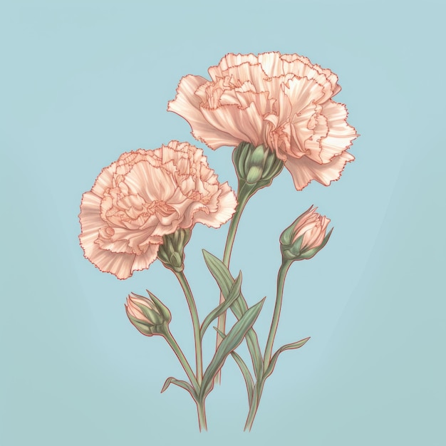 Nostalgic Realism Peach Carnations In Light Cyan And Light Brown