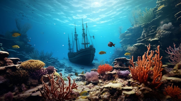 Nostalgic Realism Undersea Ship And Corals At A Coral Reef