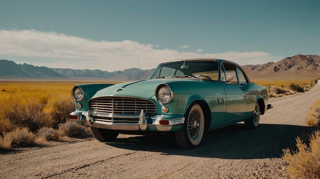 Photo nostalgic road trip scene featuring a vintage car and classic travel elements