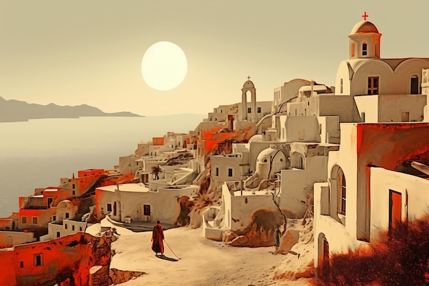 Nostalgic Santorini Retro Vintage Postcard Generative Ai