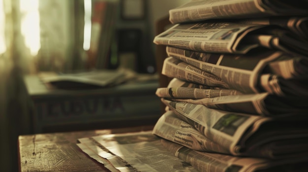 A nostalgic scene of stacked newspapers preserving the whispers of bygone stories