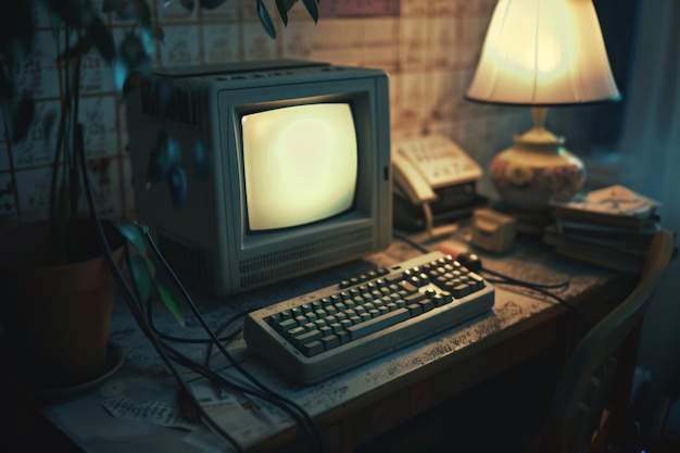 A nostalgic scene of a vintage computer glowing in a dimly lit room surrounded by personal items and warm lighting from a table lamp