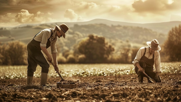 Nostalgic Scene of Vintage Farmers Uniting to Plant Crops with Rustic Farming Tools in Antique Plowed Field