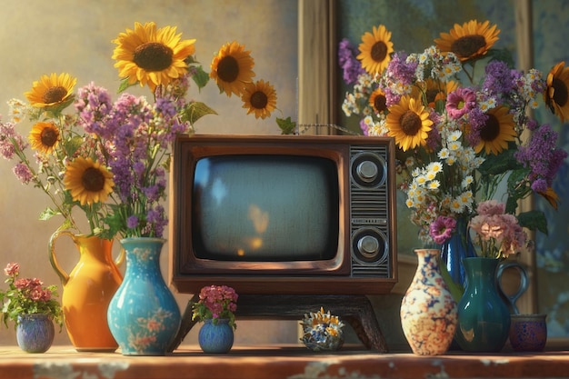 Photo a nostalgic still life composition featuring an old retro television ai photo