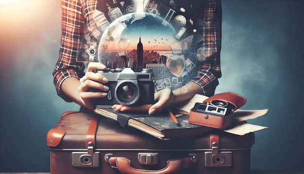 Nostalgic Travel Photography Concept Person with Film Camera Vintage Suitcase and Travel Journal