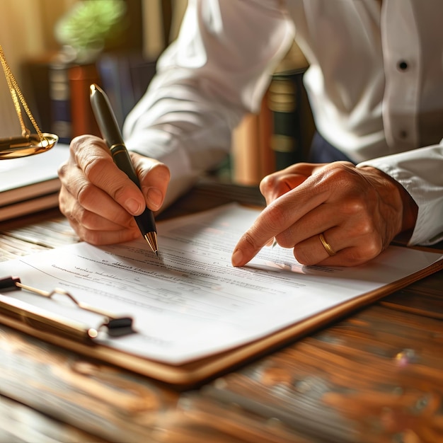 Notary signing legal documents at wooden table in office with focused scales view