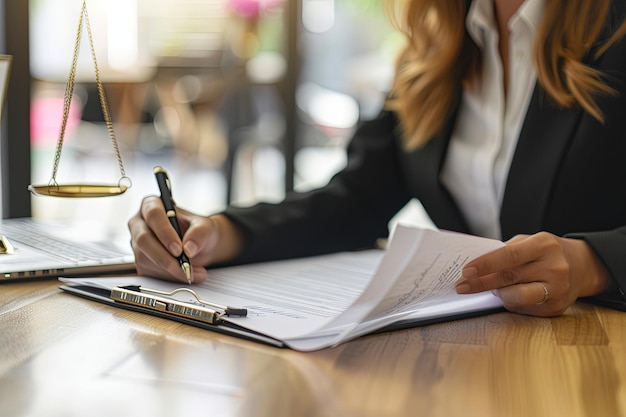 Notary signing legal documents at wooden table in office with focused scales view