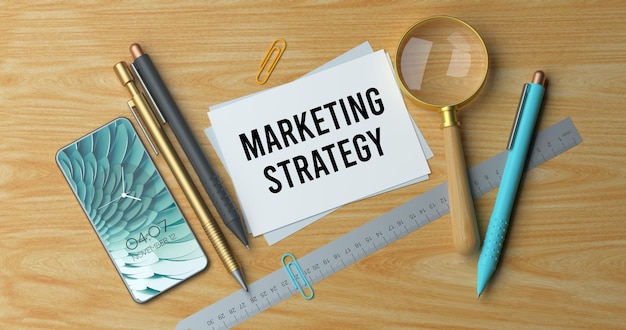 Photo a note that says marketing strategy on it next to a ruler and a ruler.