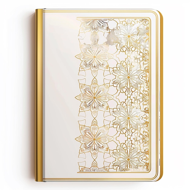 Photo notebook cover design pure white background with hot gold pattern and a border design that is roma