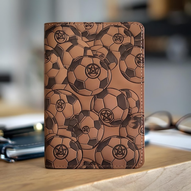 A notebook cover with a soccer ball pattern