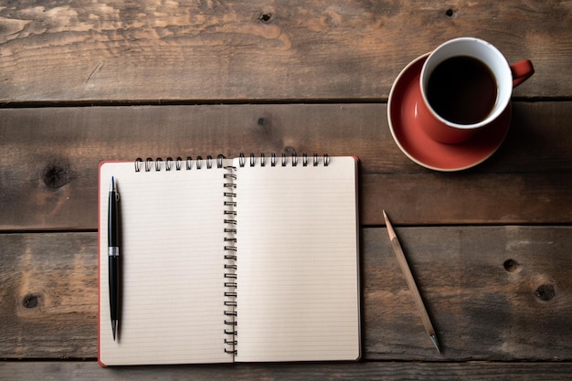 A notebook and a cup of coffee on a wooden table