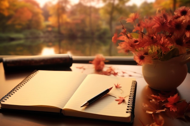 Notebook on the desk pen next to it closeup Autumn lake in the background Generative AI