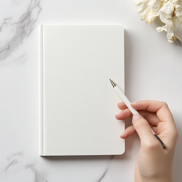 Notebook Mockup On A Desk With Hand Holding A Pen