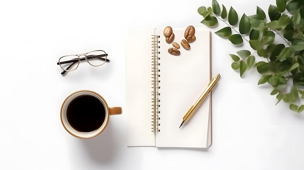 A notebook, pen, glasses, and a cup of coffee sit on a table with a plant and a pen.