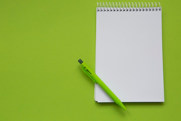 Notebook with a blank page on a pistachio green background and a green pen next to it