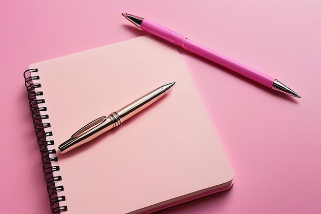 Notebook with Decorative Pens in Pink Background