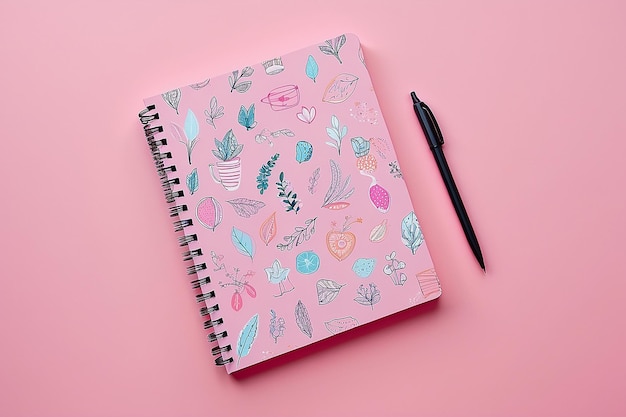 Notebook with Decorative Pens in Pink Background