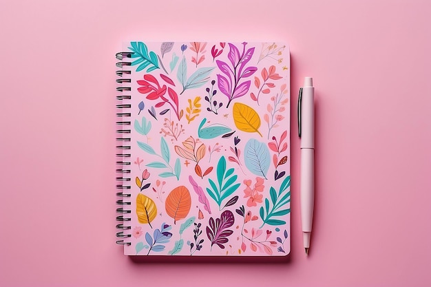 Notebook with Decorative Pens in Pink Background