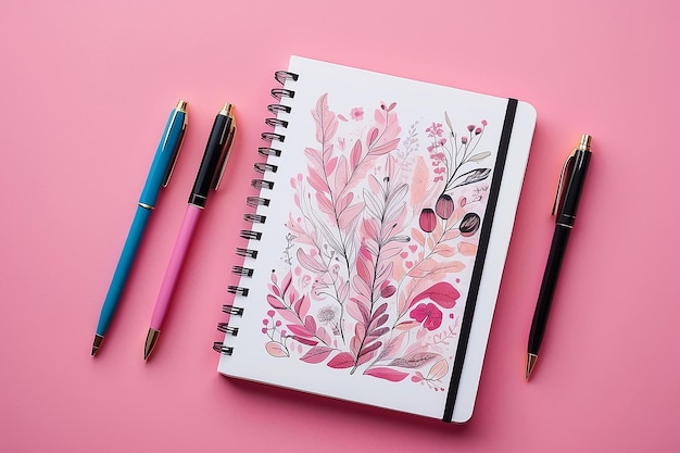 Notebook with Decorative Pens in Pink Background