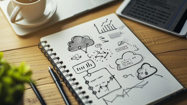 a notebook with a drawing of a cloud on it and a pen on the table