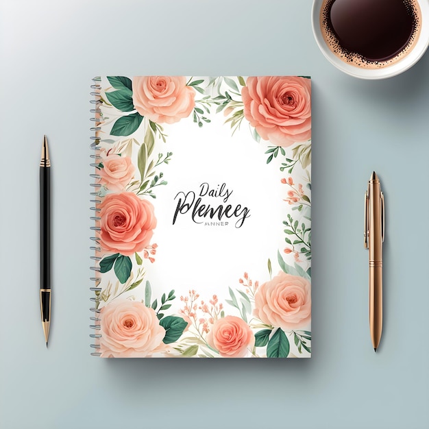 a notebook with a flower design on it and a pen on the table