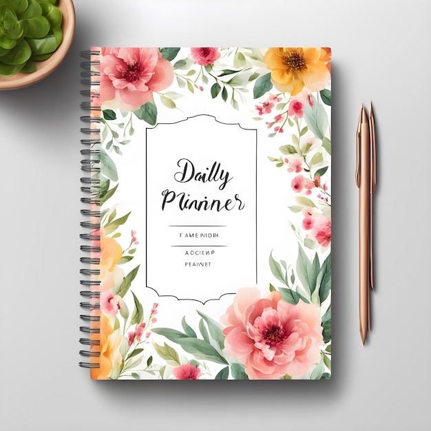 a notebook with a flower design on it and a pen on the top