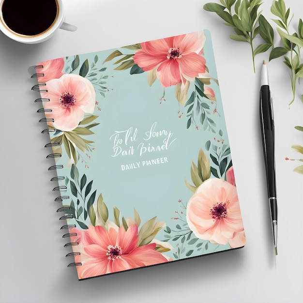 a notebook with a flower on it and a pen on the table