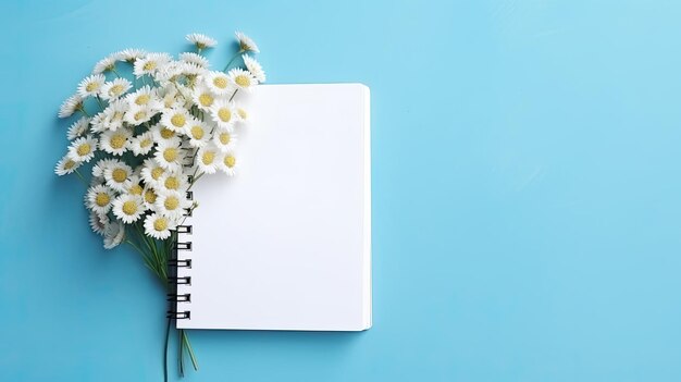 Photo notebook with flowers on blue background