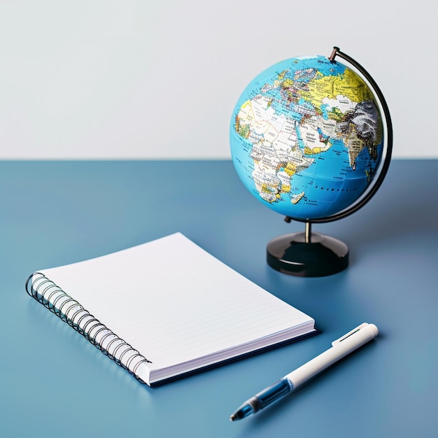 Photo a notebook with a globe on it sits next to a pen and a pen