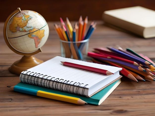 a notebook with a globe on it sits next to a stack of pencils